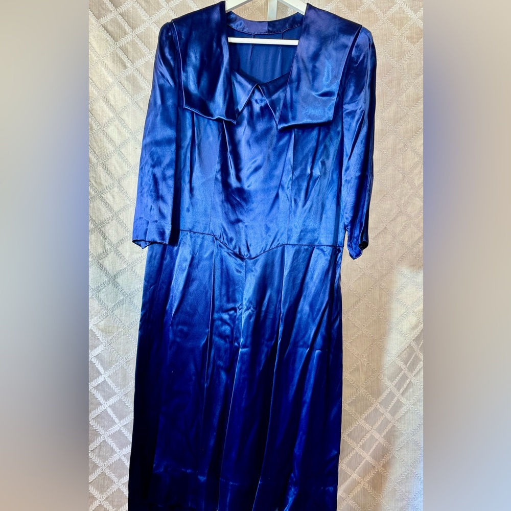 Vintage Hand Made 1940’s Style Ink Blue Satin Knee Length Dress, size 16